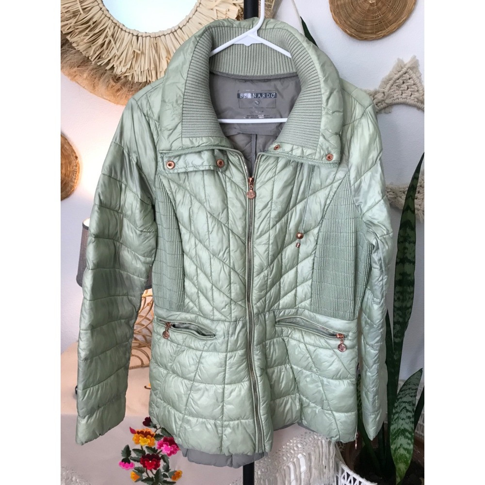 Bernardo Womens Quilted Zip Front Jacket Sz Large Green Zip Pockets Collared